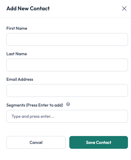 Add New Contact dialog with first name, last name, email address and segments fields in Undersign