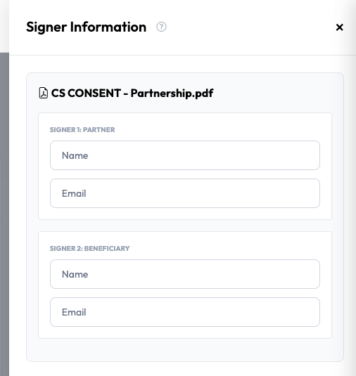 Signer Information dialog with name and email fields for each signer in Undersign