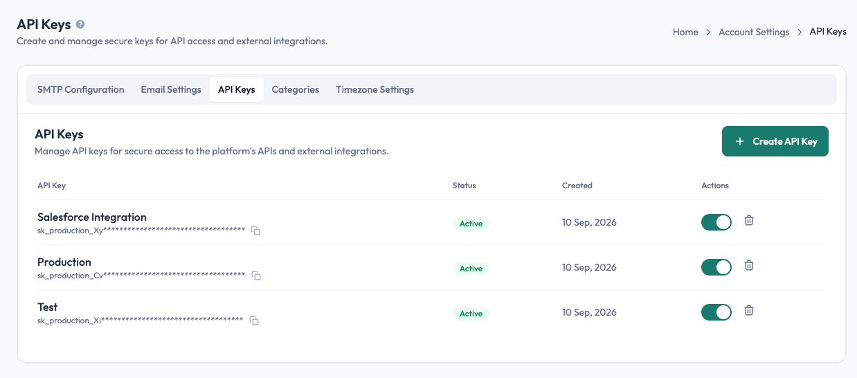 API Keys page with key names, masked values, statuses, dates and actions in Undersign