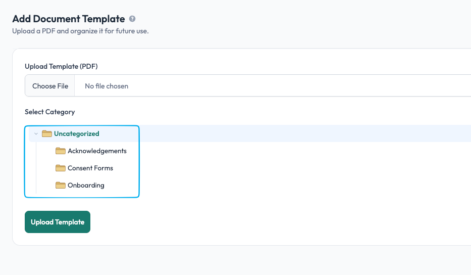 Select Category dropdown with template category options when uploading a template in Undersign