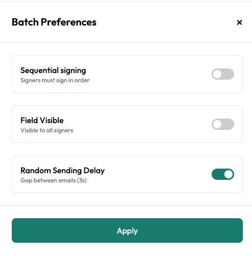 Batch Preferences dialog with Sequential signing, Field Visible and Random Sending Delay options in Undersign