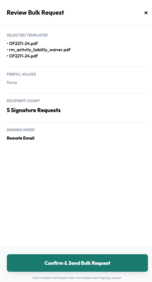 Review Bulk Request dialog with selected templates, prefill values, recipient count and signing mode in Undersign