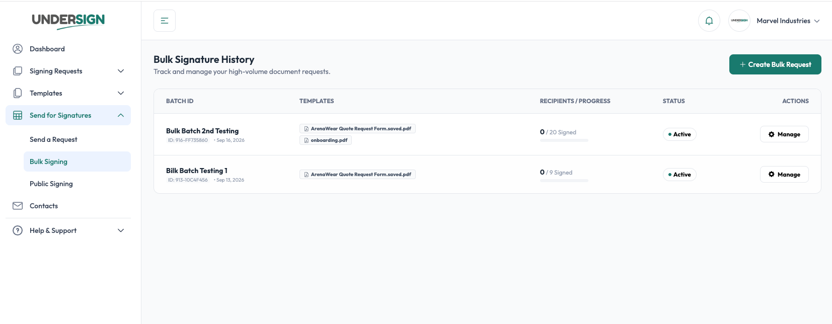Bulk Signature History with batch progress, recipient counts and status in Undersign
