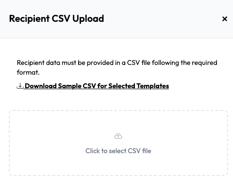 Recipient CSV Upload dialog with sample CSV download and file selector in Undersign