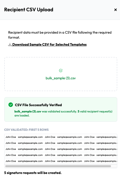 Recipient CSV successfully verified with validated rows preview in Undersign