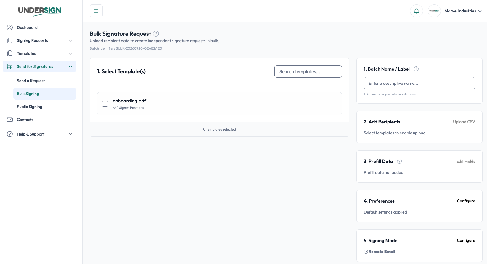 Bulk Signature Request screen with template selection, batch name, recipients, prefill, preferences and signing mode in Undersign
