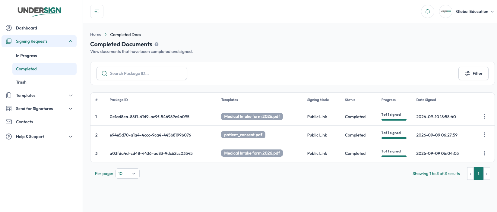Completed Docs list with package ID documents mode progress and date