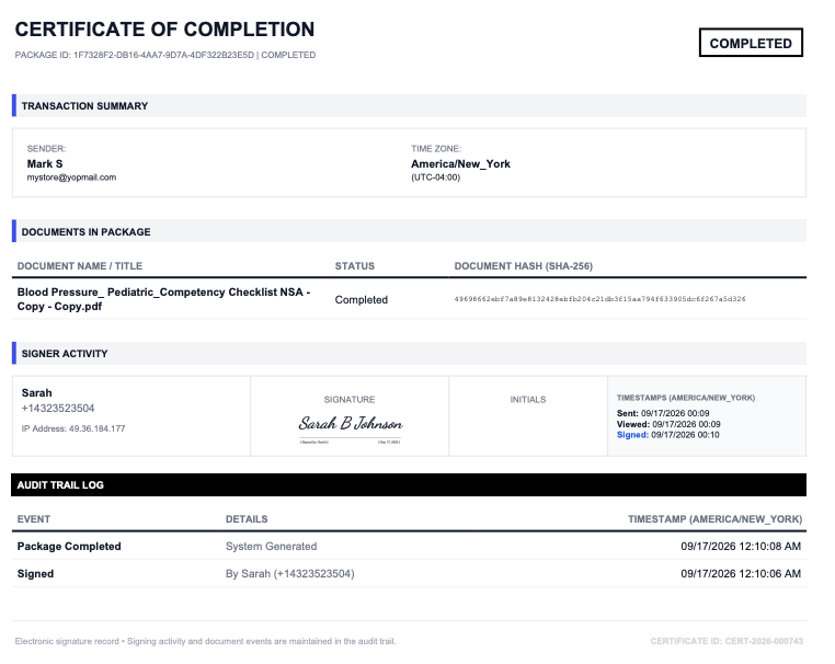 Sample Certificate of Completion with transaction summary, signer activity and audit trail log in Undersign