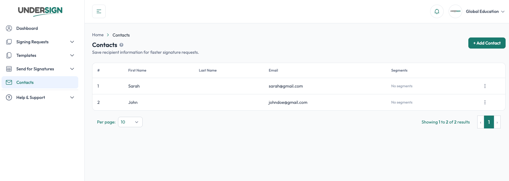 Contacts page with saved contacts, names, email addresses and segments in Undersign
