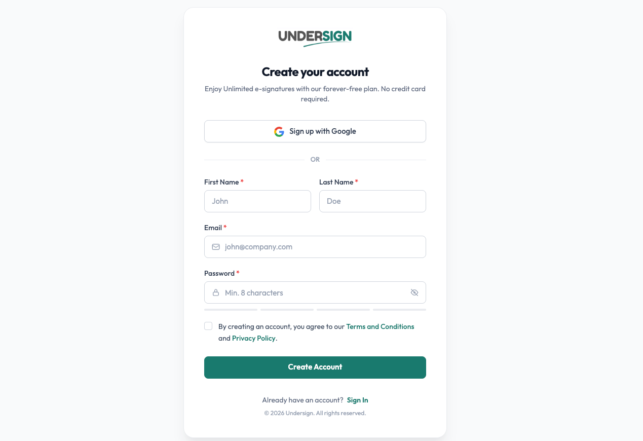 Create Undersign account form with email signup and Sign up with Google options