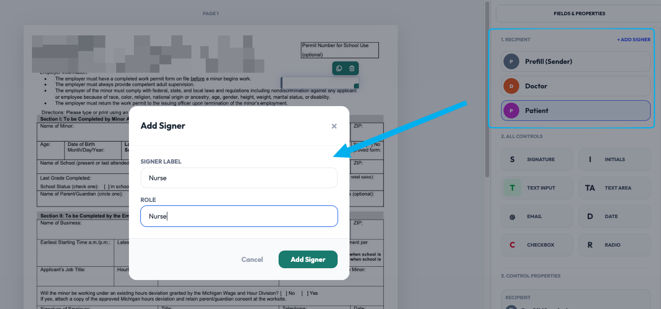 Add Signer dialog with signer label and role fields and the template recipient list in Undersign