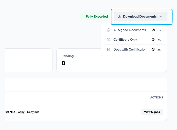 Download Documents menu with All Signed Documents, Certificate Only and Docs with Certificate options