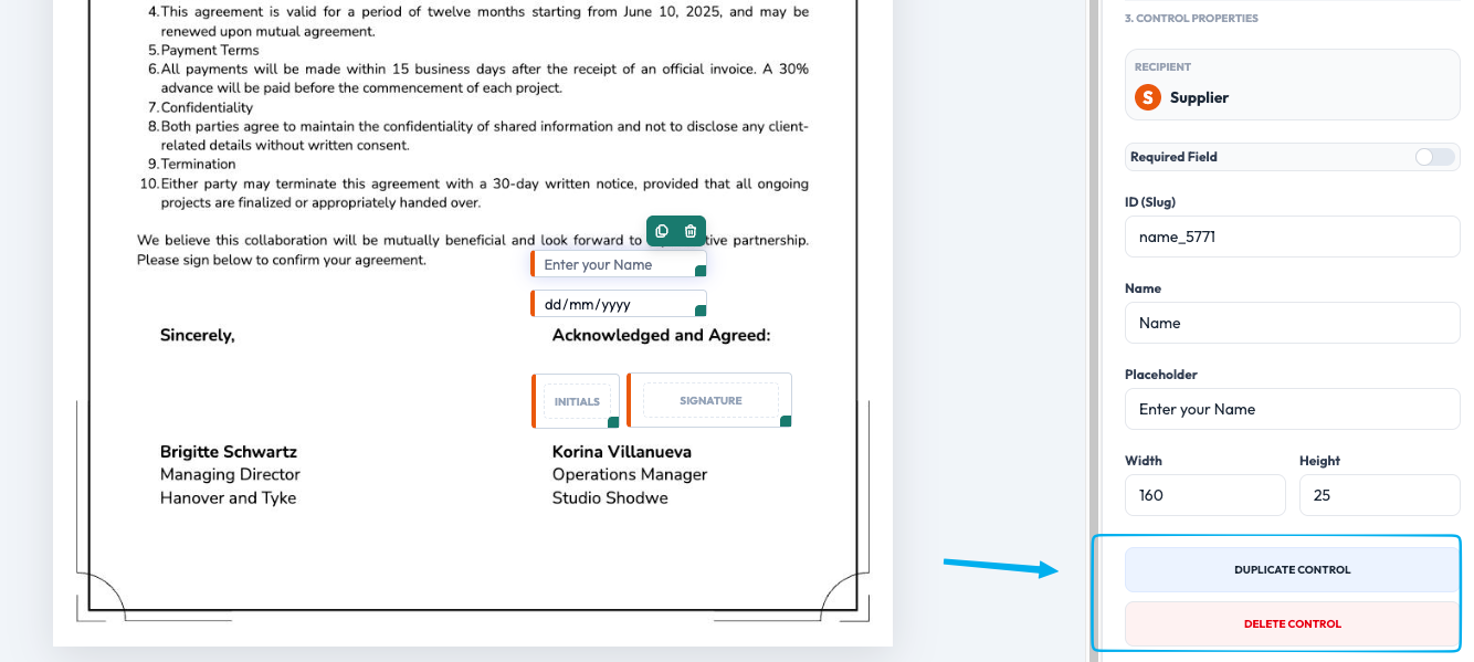 Duplicate Control and Delete Control actions for a selected field in Undersign