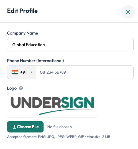 Edit Profile dialog with Company Name, Phone Number and Logo upload in Undersign