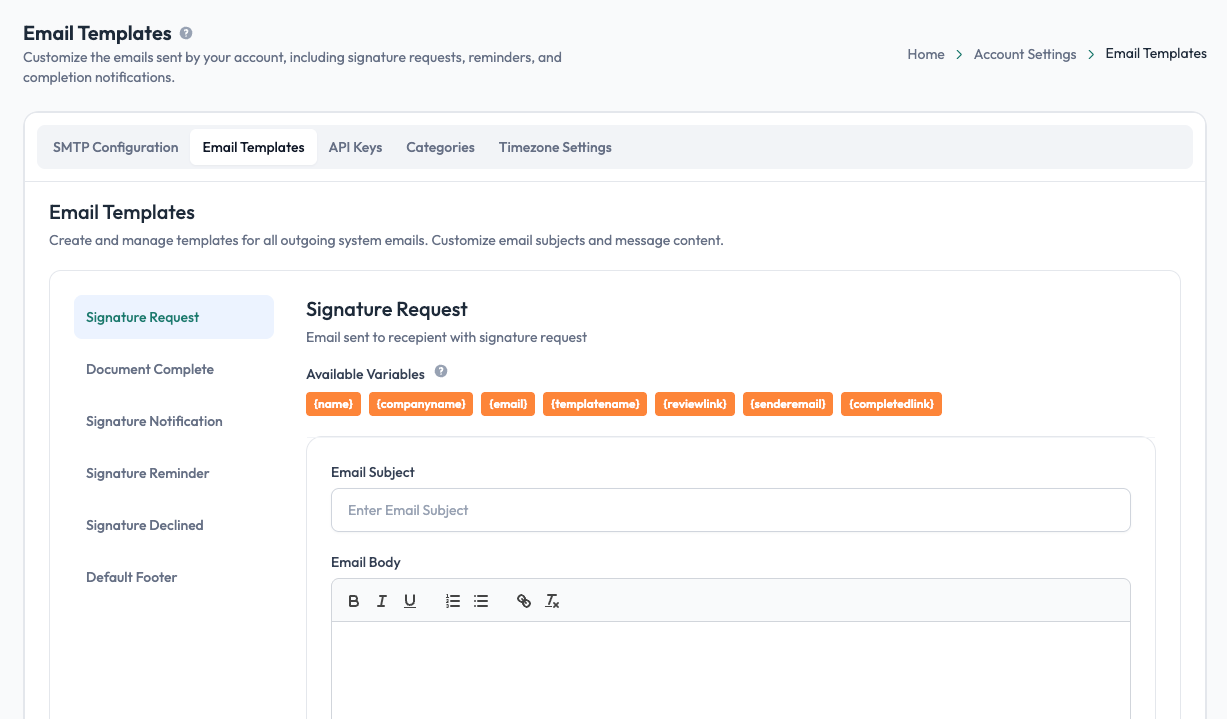 Email Templates editor with Signature Request variables, subject and body fields in Undersign