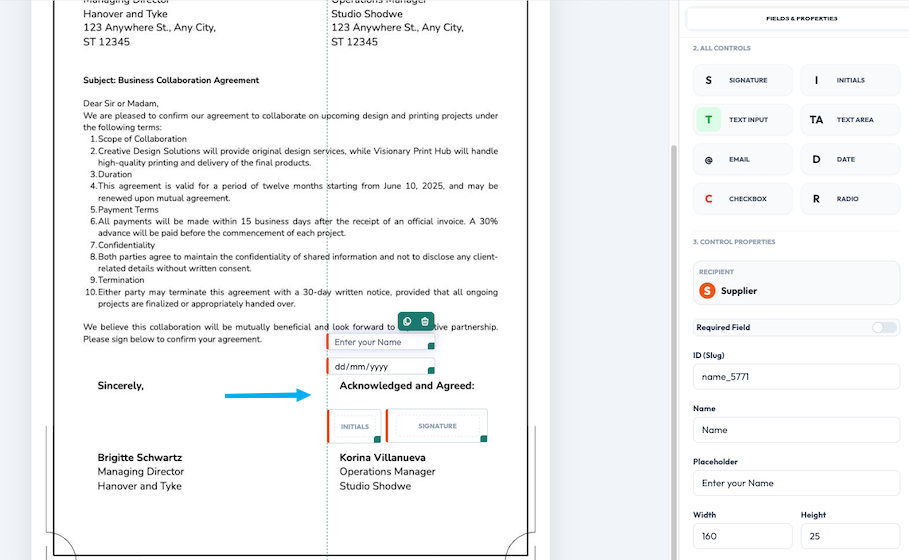 Template editor with placed fields and the All Controls and Control Properties panels in Undersign