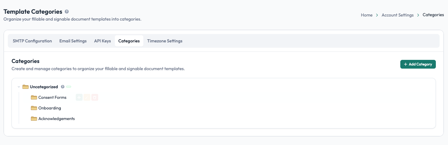 Template Categories settings in Account Settings with category list and Add Category button in Undersign