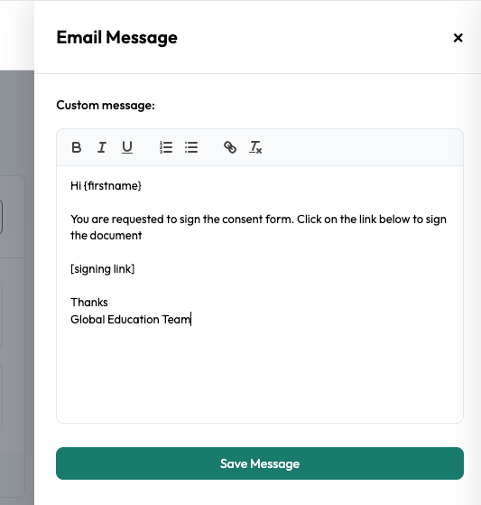 Message to Recipients section with default signing request message in Undersign