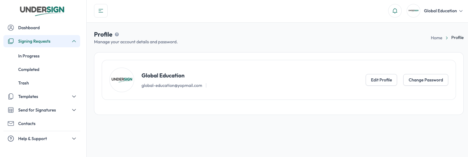 Profile page with account details, Edit Profile and Change Password actions in Undersign