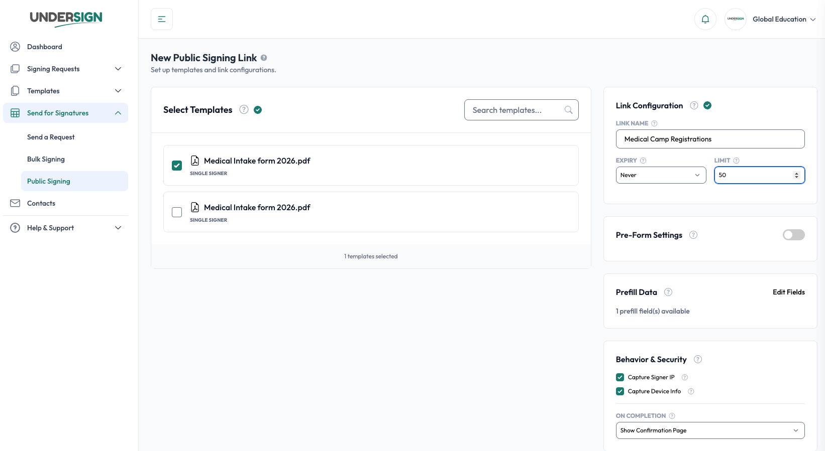 New Public Signing Link screen with template selection, link configuration, pre-form, prefill and behavior settings in Undersign