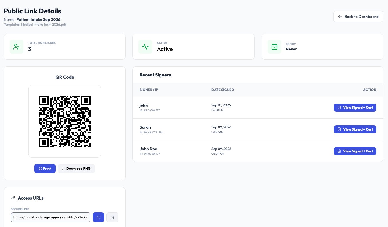 Public Link Details page with QR code, access URLs and recent signers in Undersign