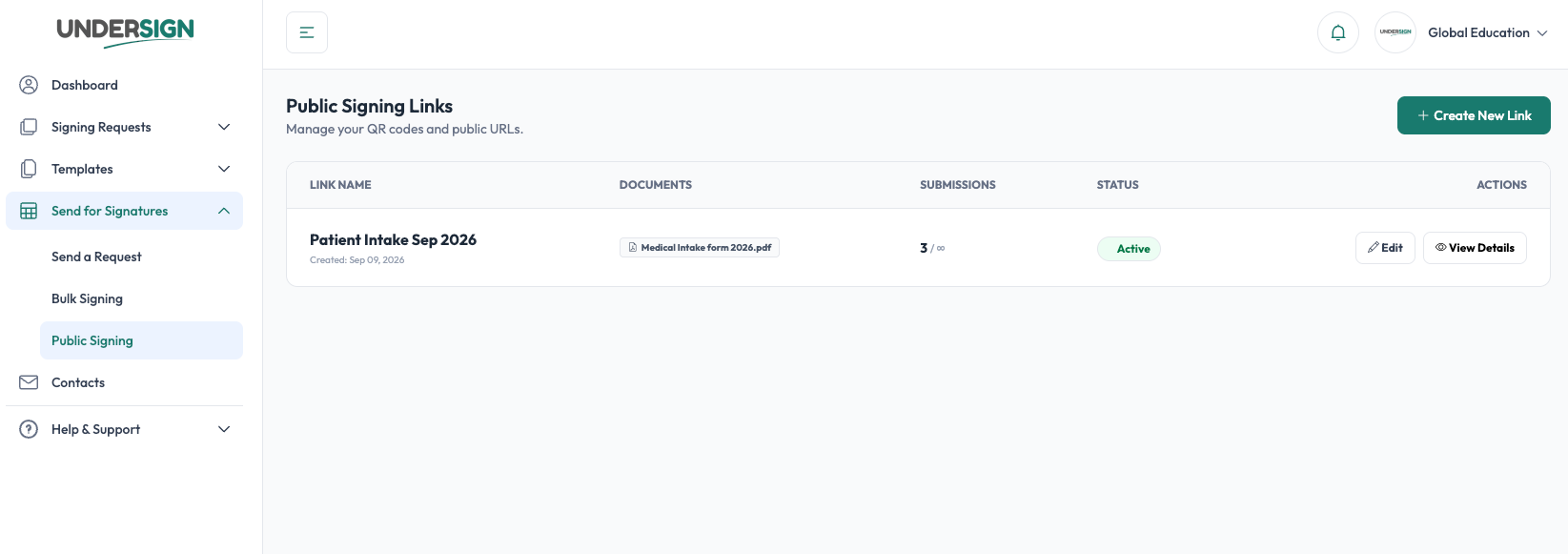 Public Signing Links list with link name, documents, submissions and status in Undersign