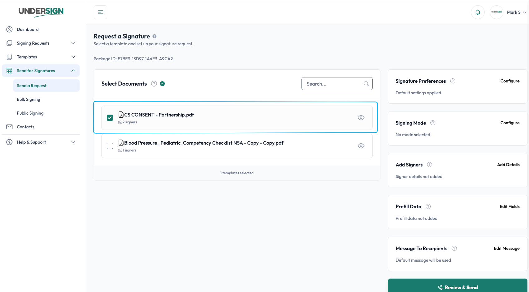 Request a Signature screen with template documents available for selection in Undersign