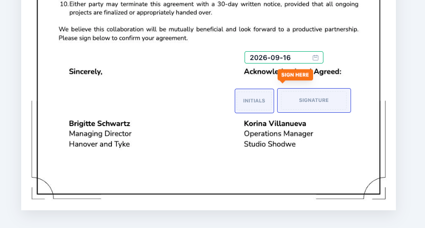 Required signature and initials fields with Sign Here marker on the signing document in Undersign
