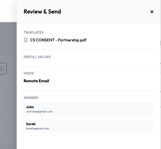 Review and Send step of the Request a Signature flow in Undersign