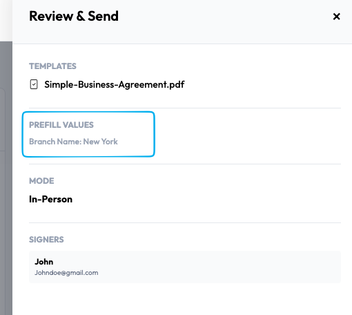 Review and Send step previewing prefill values Branch Name New York in Undersign