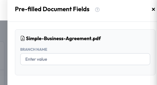 Pre-filled Document Fields dialog entering a value for Branch Name when sending in Undersign
