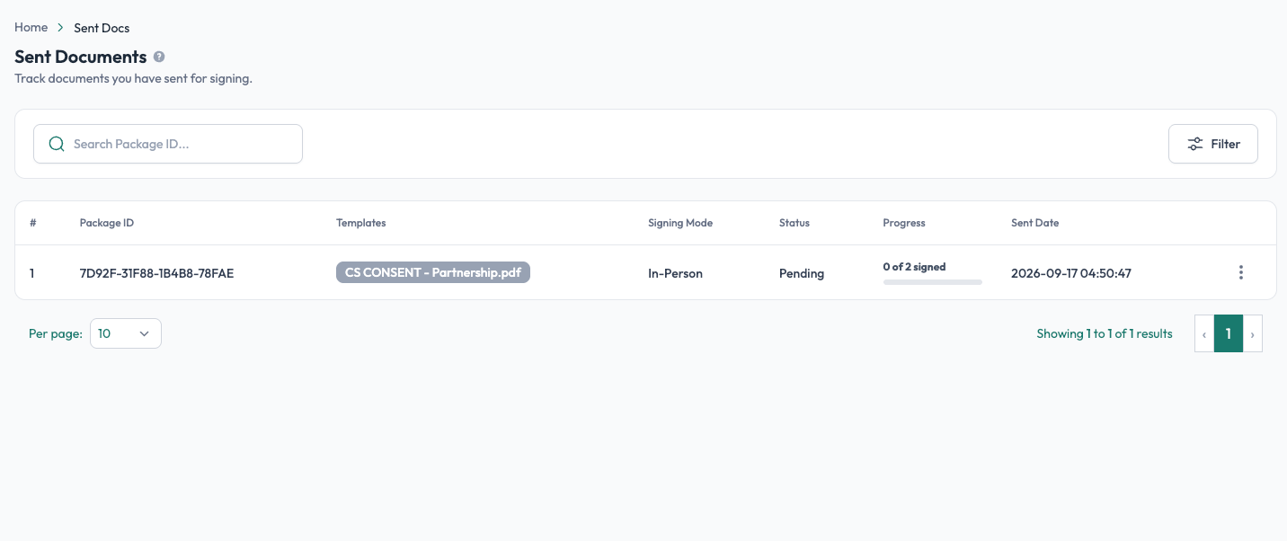 Sent Documents page tracking a signing request with status and progress in Undersign