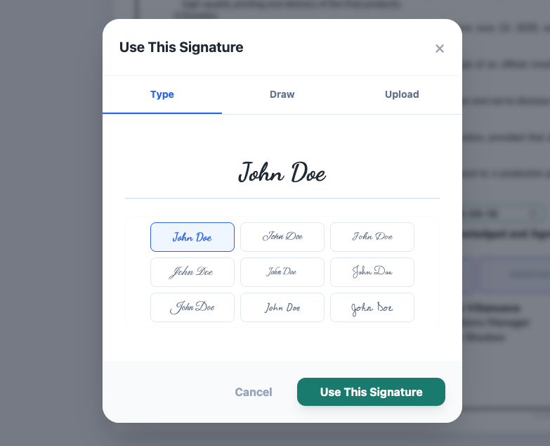 Use This Signature dialog with Type, Draw and Upload options and signature style choices in Undersign