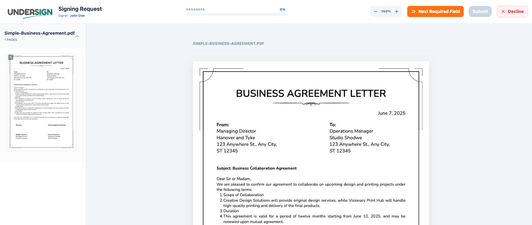 Signer view of the signing request with document pages, signing progress and Next Required Field button in Undersign