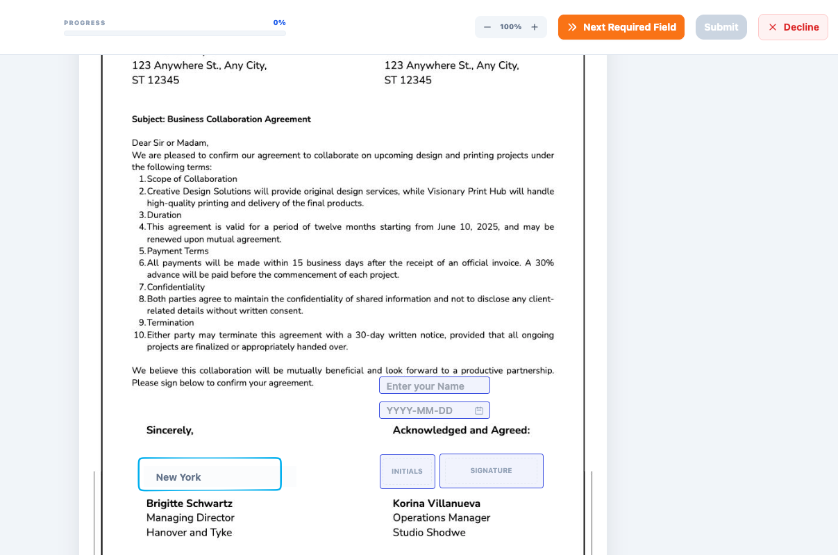 Signer view with prefilled New York value already populated on the document in Undersign