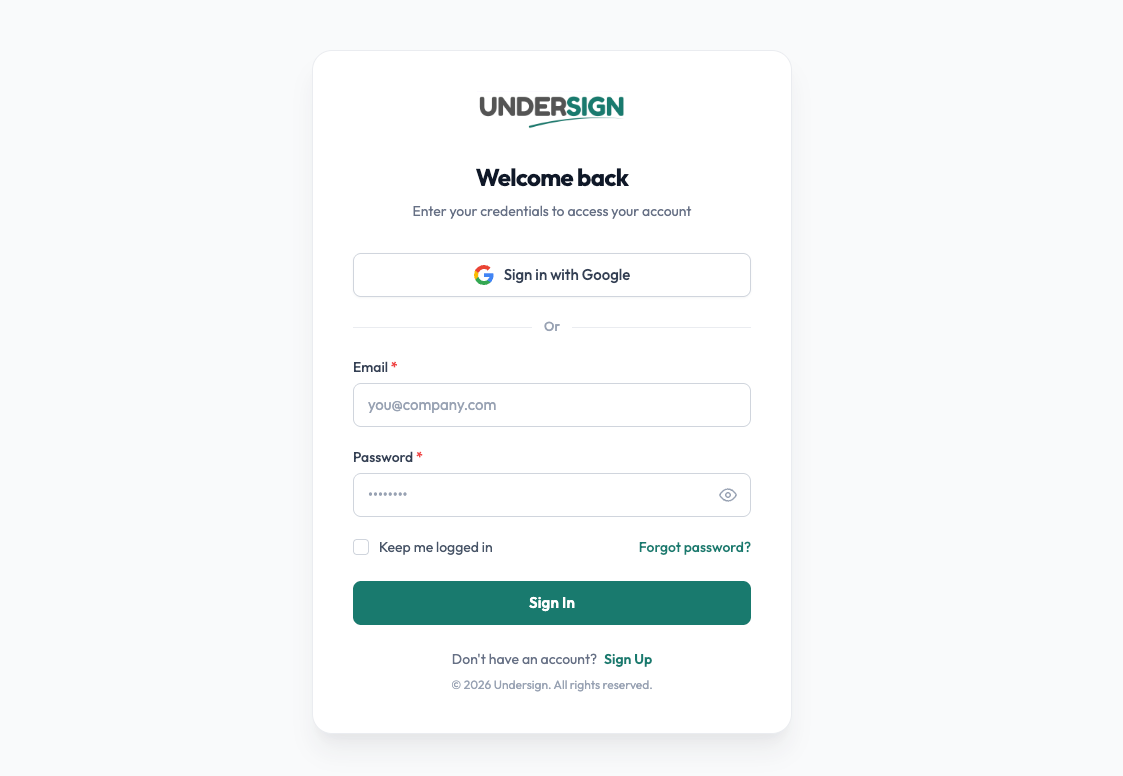 Undersign sign-in page with email login, Sign in with Google and Forgot password link