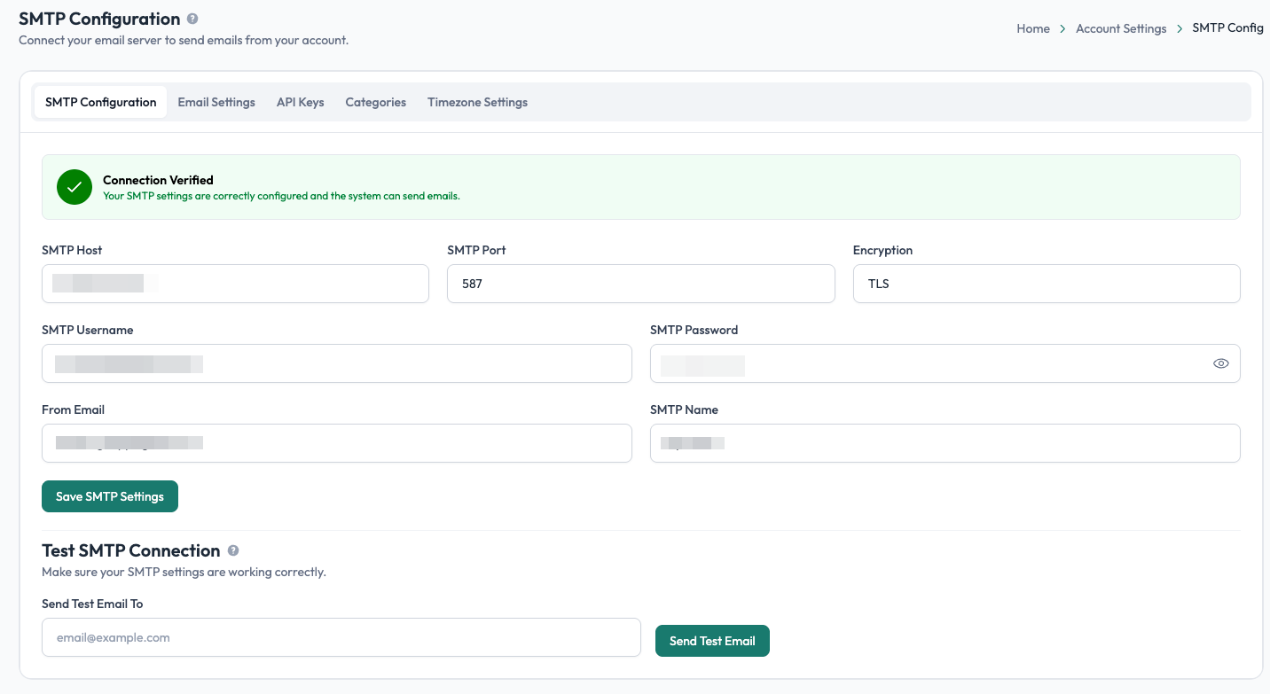 Undersign SMTP Configuration page in Account Settings showing verified connection, SMTP host, port, encryption and test email section