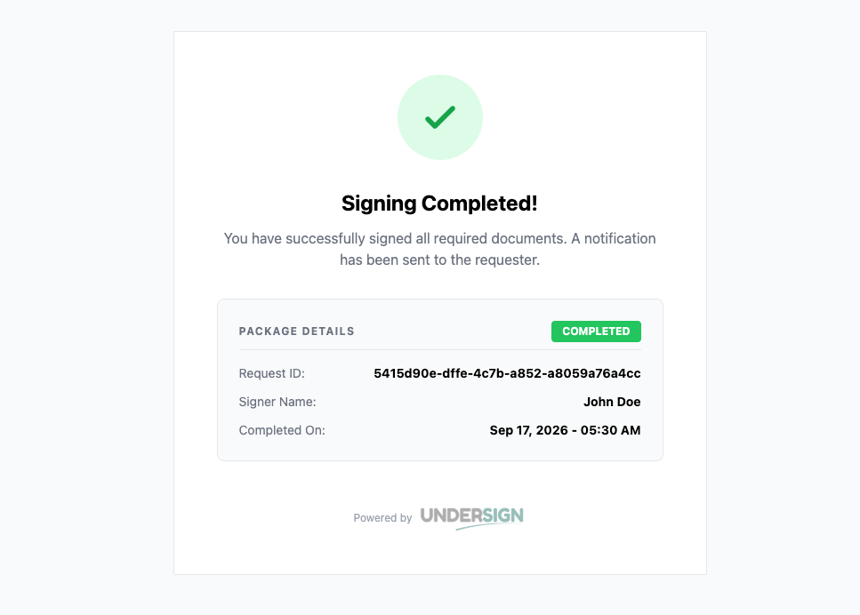 Signing Completed confirmation screen with package details after submitting in Undersign
