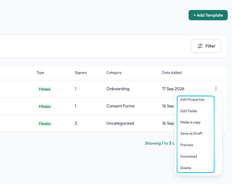 Template actions menu with edit copy preview download and delete options