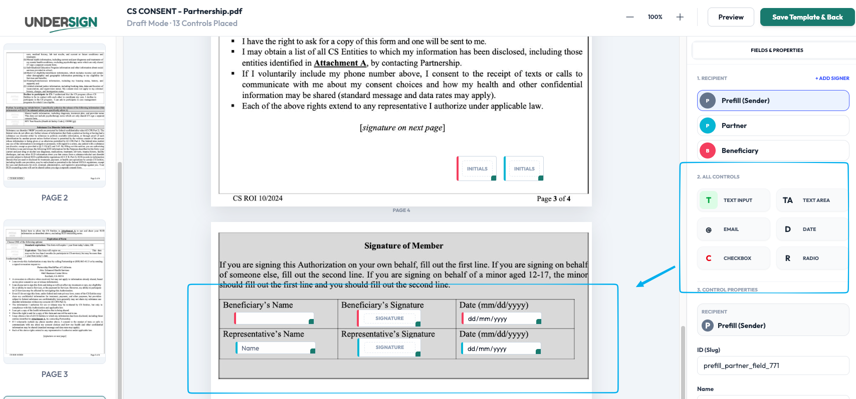 Adding and positioning signature fields on a template document in Undersign