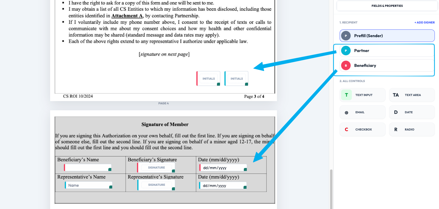 Document fields linked to signer roles in the template editor recipient list in Undersign