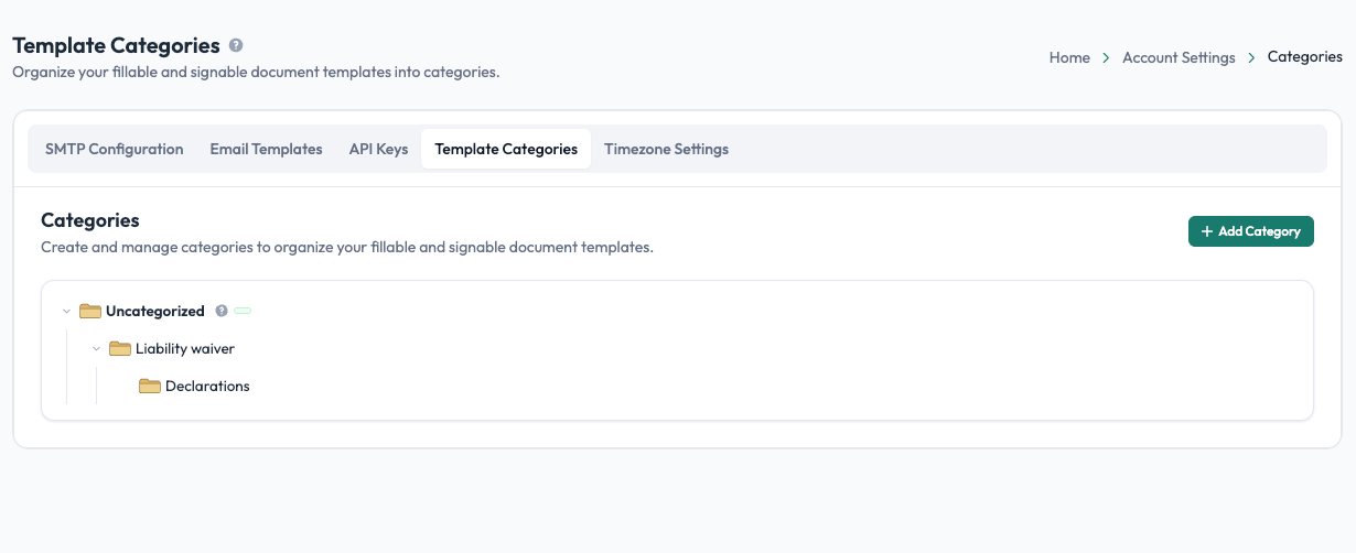 Template Categories settings with nested category tree and Add Category button in Undersign