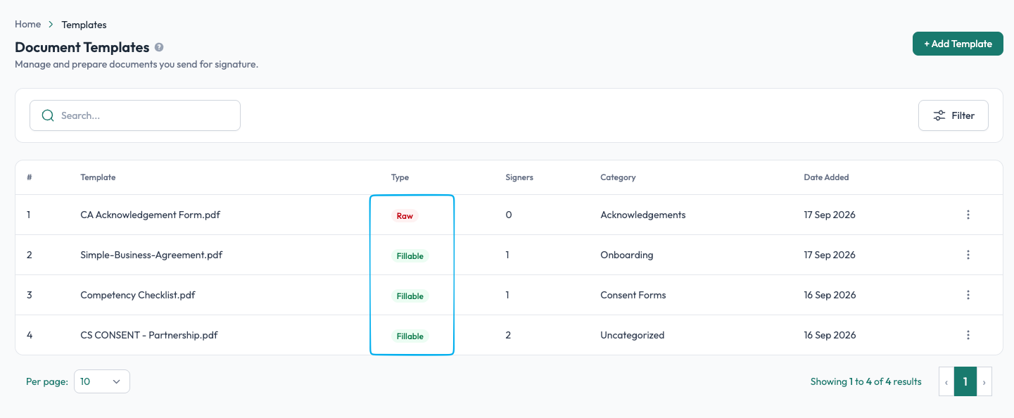 Document Templates list with Type column showing Raw and Fillable template badges in Undersign