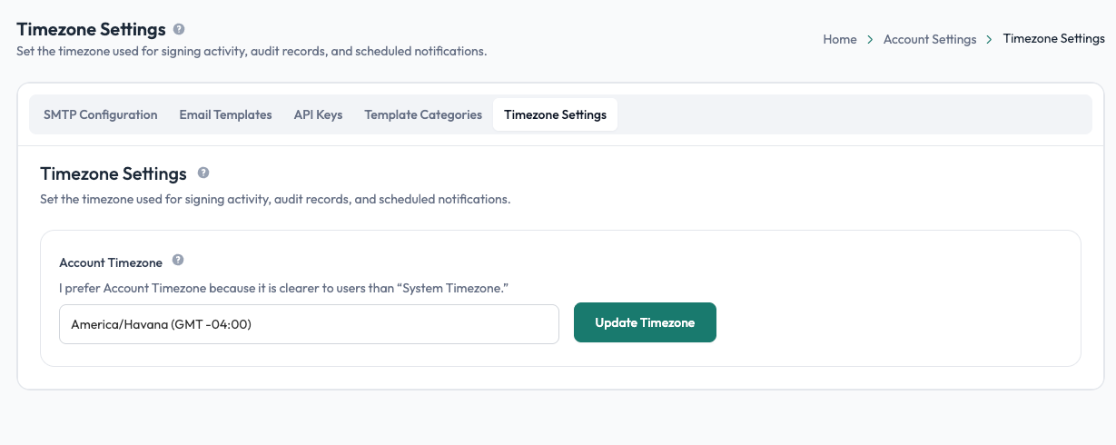 Timezone Settings page with Account Timezone selector and Update Timezone button in Undersign