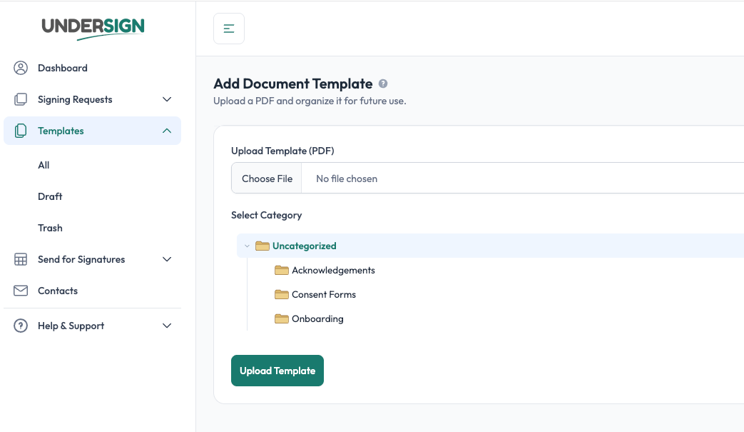 Add Document Template screen with Upload Template PDF option and category selection in Undersign