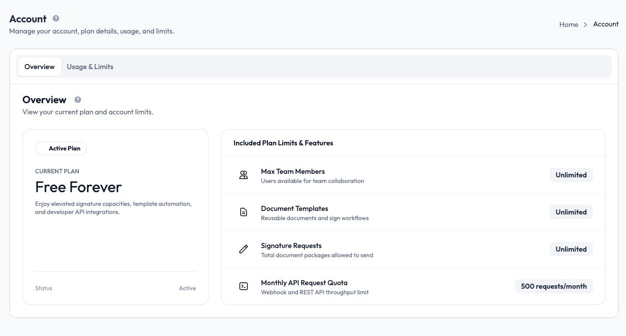 Account Overview with current plan and included plan limits and features in Undersign